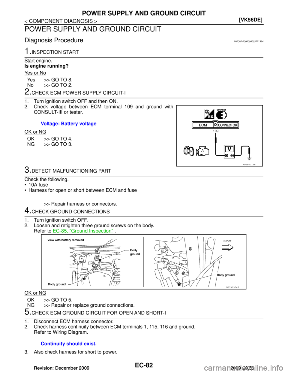 INFINITI QX56 2009  Factory Service Manual 
EC-82
< COMPONENT DIAGNOSIS >[VK56DE]
POWER SUPPLY AND GROUND CIRCUIT
POWER SUPPLY AND GROUND CIRCUIT
Diagnosis ProcedureINFOID:0000000003771324
1.INSPECTION START
Start engine.
Is engine running?
Ye