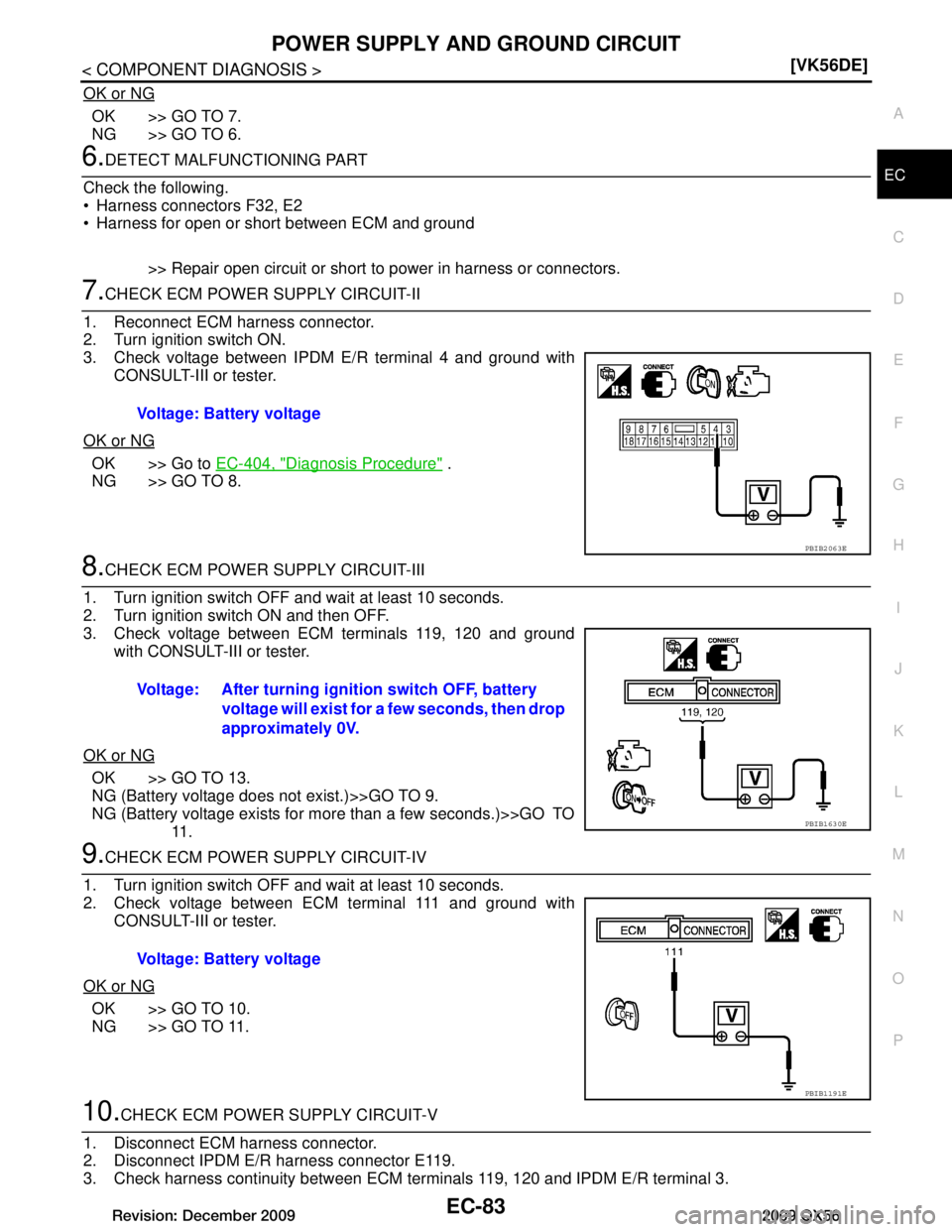 INFINITI QX56 2009  Factory Service Manual 
POWER SUPPLY AND GROUND CIRCUITEC-83
< COMPONENT DIAGNOSIS > [VK56DE]
C
D
E
F
G H
I
J
K L
M A
EC
NP
O
OK or NG
OK >> GO TO 7.
NG >> GO TO 6.
6.DETECT MALFUNCTIONING PART
Check the following.
 Harnes