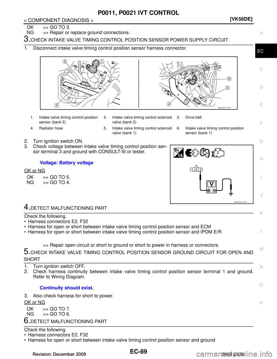 INFINITI QX56 2009  Factory Service Manual 
P0011, P0021 IVT CONTROLEC-89
< COMPONENT DIAGNOSIS > [VK56DE]
C
D
E
F
G H
I
J
K L
M A
EC
NP
O
OK >> GO TO 3.
NG >> Repair or replace ground connections.
3.CHECK INTAKE VALVE TIMING CONTROL PO
SITION