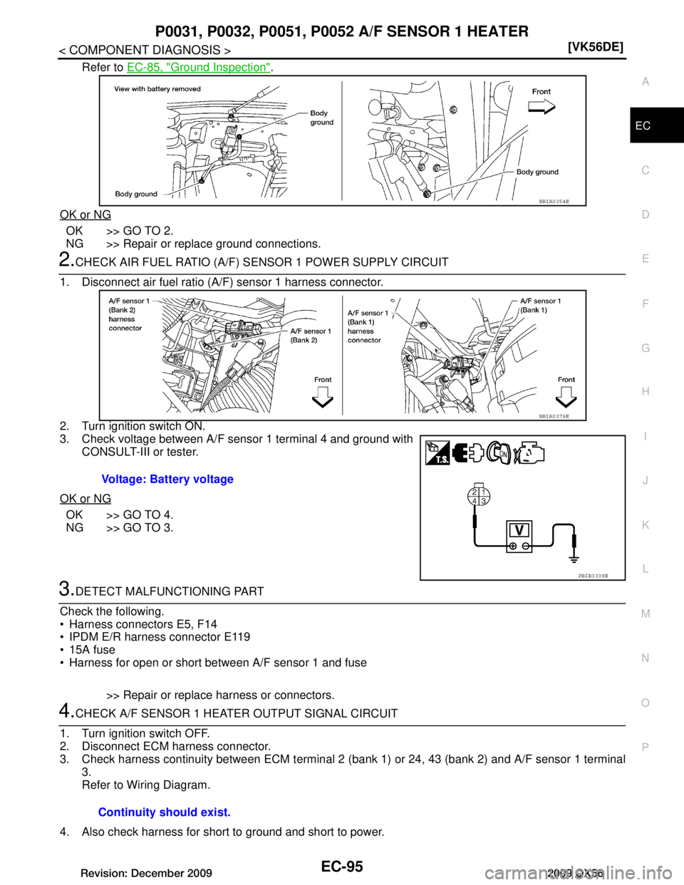 INFINITI QX56 2009  Factory Service Manual 
P0031, P0032, P0051, P0052 A/F SENSOR 1 HEATER
EC-95
< COMPONENT DIAGNOSIS > [VK56DE]
C
D
E
F
G H
I
J
K L
M A
EC
NP
O
Refer to 
EC-85, "Ground Inspection".
OK or NG
OK >> GO TO 2.
NG >> Repair or rep