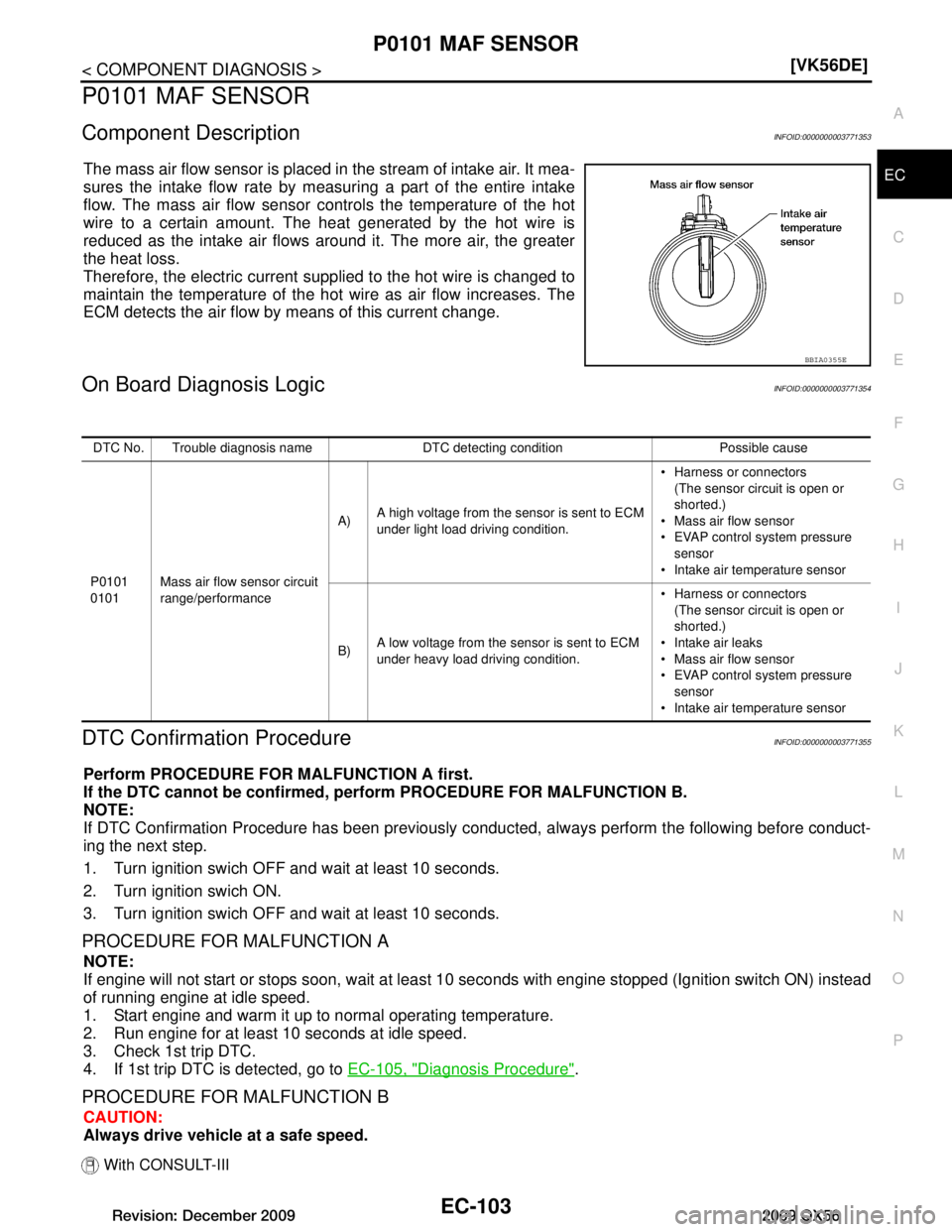 INFINITI QX56 2009  Factory Service Manual 
P0101 MAF SENSOREC-103
< COMPONENT DIAGNOSIS > [VK56DE]
C
D
E
F
G H
I
J
K L
M A
EC
NP
O
P0101 MAF SENSOR
Component DescriptionINFOID:0000000003771353
The mass air flow sensor is placed in 
the stream