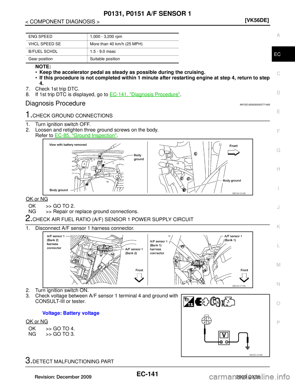 INFINITI QX56 2009  Factory Service Manual 
P0131, P0151 A/F SENSOR 1EC-141
< COMPONENT DIAGNOSIS > [VK56DE]
C
D
E
F
G H
I
J
K L
M A
EC
NP
O
NOTE:

Keep the accelerator pedal as steady as possible during the cruising.
 If this procedure is n