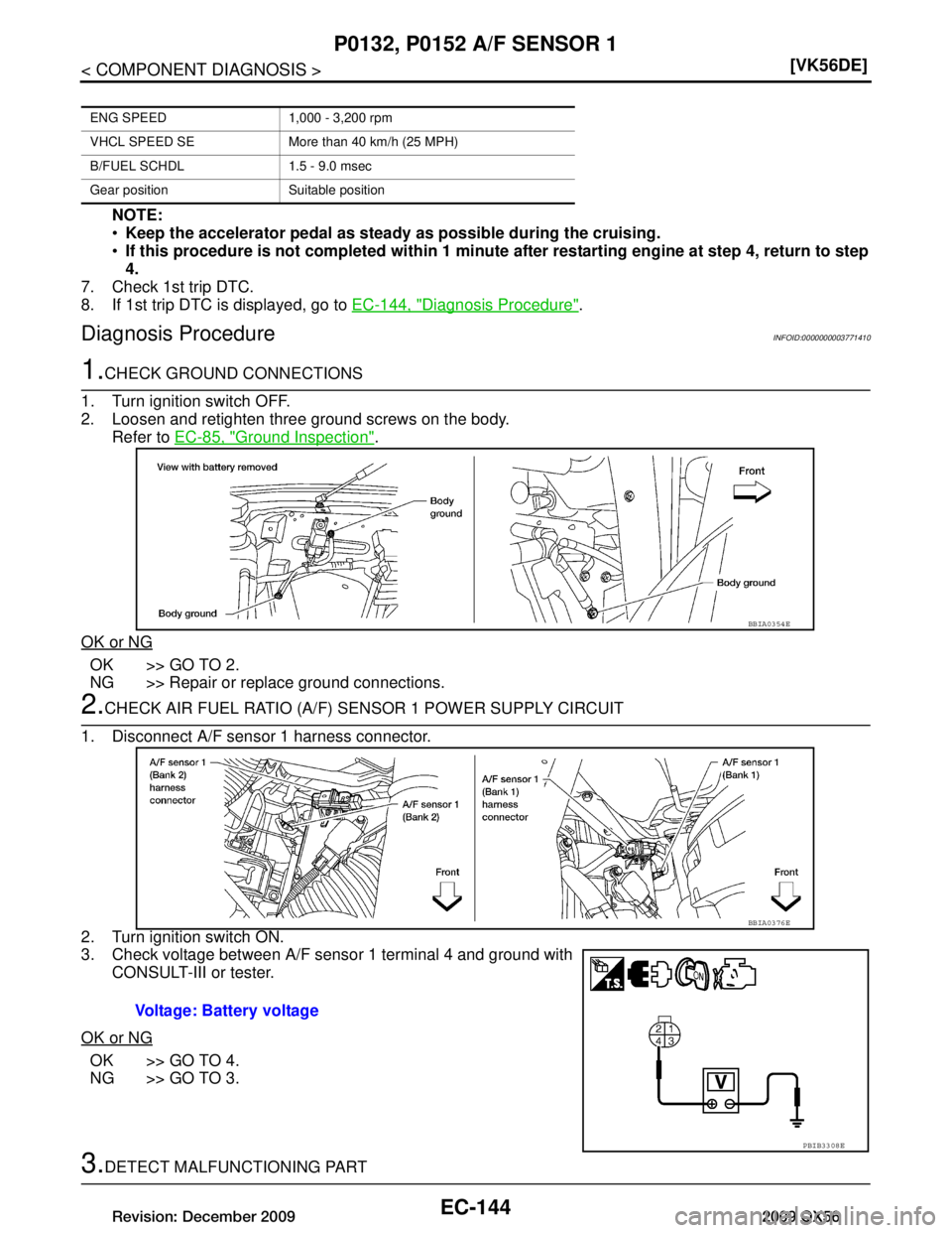INFINITI QX56 2009  Factory Service Manual 
EC-144
< COMPONENT DIAGNOSIS >[VK56DE]
P0132, P0152 A/F SENSOR 1
NOTE:

Keep the accelerator pedal as steady  as possible during the cruising.
 If this procedure is not completed within 1 minute af
