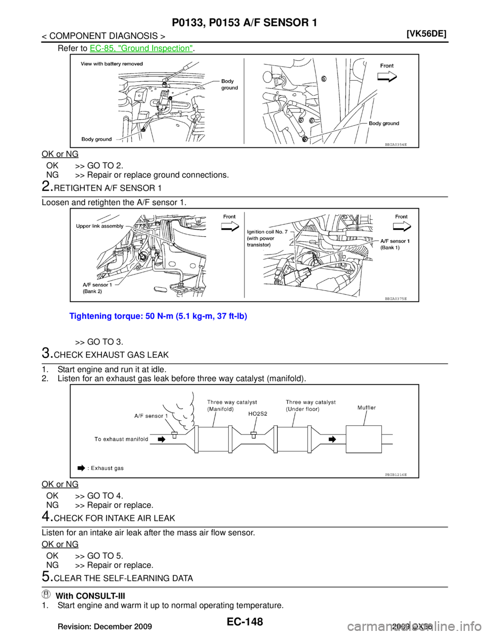 INFINITI QX56 2009  Factory Service Manual 
EC-148
< COMPONENT DIAGNOSIS >[VK56DE]
P0133, P0153 A/F SENSOR 1
Refer to 
EC-85, "Ground Inspection".
OK or NG
OK >> GO TO 2.
NG >> Repair or replace ground connections.
2.RETIGHTEN A/F SENSOR 1
Loo
