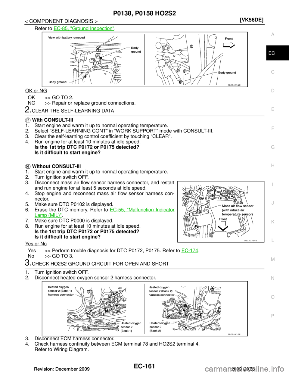 INFINITI QX56 2009  Factory Service Manual 
P0138, P0158 HO2S2EC-161
< COMPONENT DIAGNOSIS > [VK56DE]
C
D
E
F
G H
I
J
K L
M A
EC
NP
O
Refer to 
EC-85, "Ground Inspection".
OK or NG
OK >> GO TO 2.
NG >> Repair or replace ground connections.
2.C