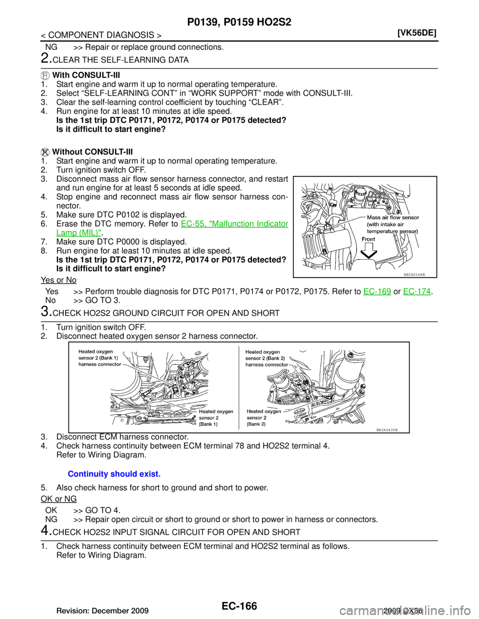 INFINITI QX56 2009  Factory Service Manual 
EC-166
< COMPONENT DIAGNOSIS >[VK56DE]
P0139, P0159 HO2S2
NG >> Repair or replace ground connections.
2.CLEAR THE SELF-LEARNING DATA
  With CONSULT-III
1. Start engine and warm it up to normal operat