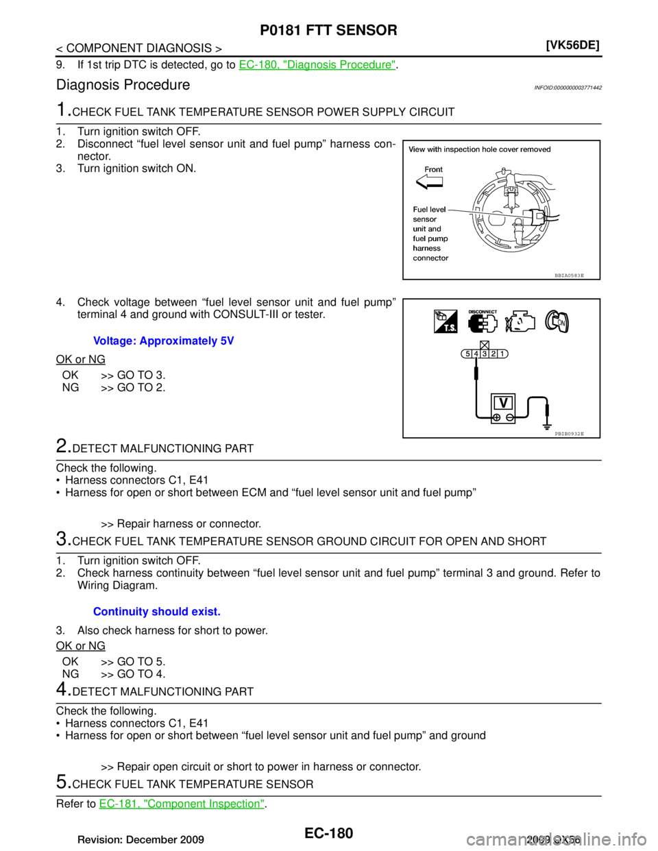 INFINITI QX56 2009  Factory Service Manual 
EC-180
< COMPONENT DIAGNOSIS >[VK56DE]
P0181 FTT SENSOR
9. If 1st trip DTC is detected, go to 
EC-180, "Diagnosis Procedure".
Diagnosis ProcedureINFOID:0000000003771442
1.CHECK FUEL TANK TEMPERATURE 
