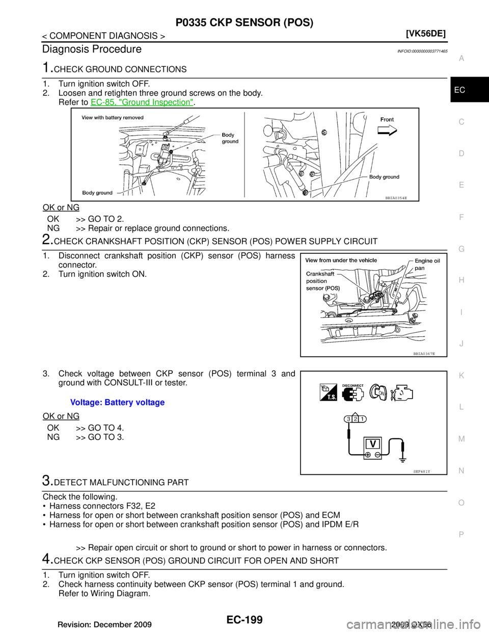 INFINITI QX56 2009  Factory Service Manual 
P0335 CKP SENSOR (POS)EC-199
< COMPONENT DIAGNOSIS > [VK56DE]
C
D
E
F
G H
I
J
K L
M A
EC
NP
O
Diagnosis ProcedureINFOID:0000000003771465
1.CHECK GROUND CONNECTIONS
1. Turn ignition switch OFF.
2. Loo