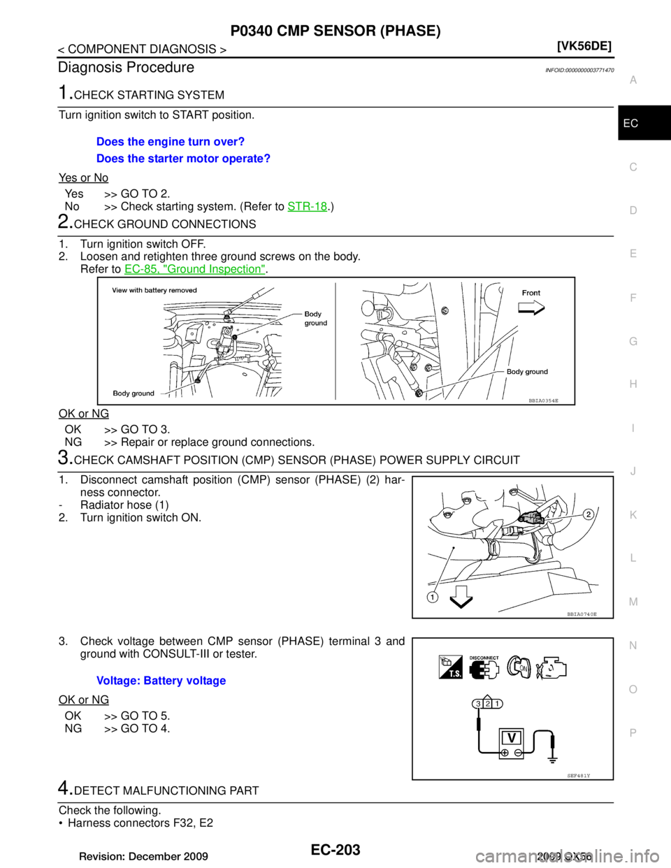 INFINITI QX56 2009  Factory Service Manual 
P0340 CMP SENSOR (PHASE)EC-203
< COMPONENT DIAGNOSIS > [VK56DE]
C
D
E
F
G H
I
J
K L
M A
EC
NP
O
Diagnosis ProcedureINFOID:0000000003771470
1.CHECK STARTING SYSTEM
Turn ignition switch to START positi