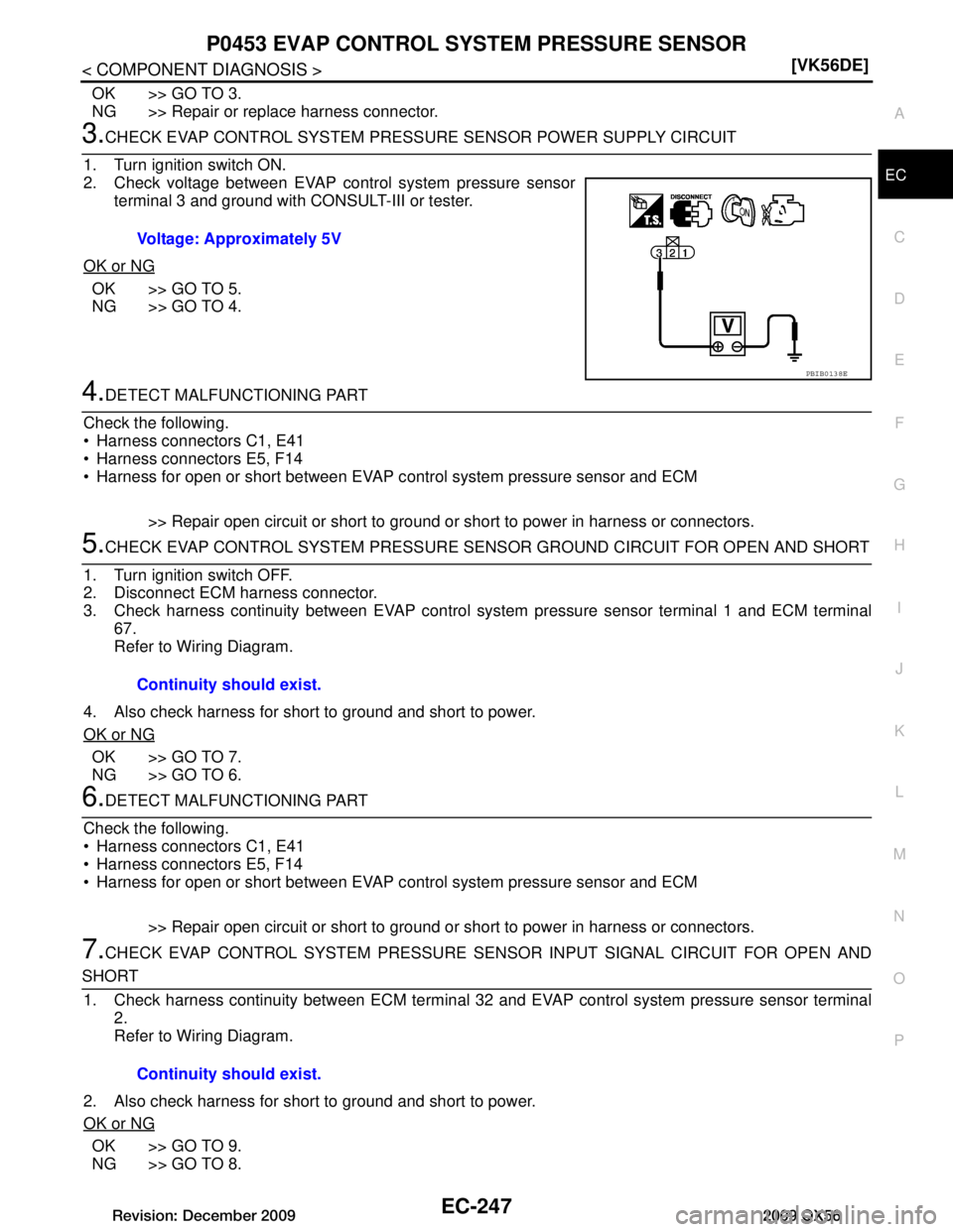 INFINITI QX56 2009  Factory Service Manual 
P0453 EVAP CONTROL SYSTEM PRESSURE SENSOREC-247
< COMPONENT DIAGNOSIS > [VK56DE]
C
D
E
F
G H
I
J
K L
M A
EC
NP
O
OK >> GO TO 3.
NG >> Repair or replace harness connector.
3.CHECK EVAP CONTROL SYS
TEM