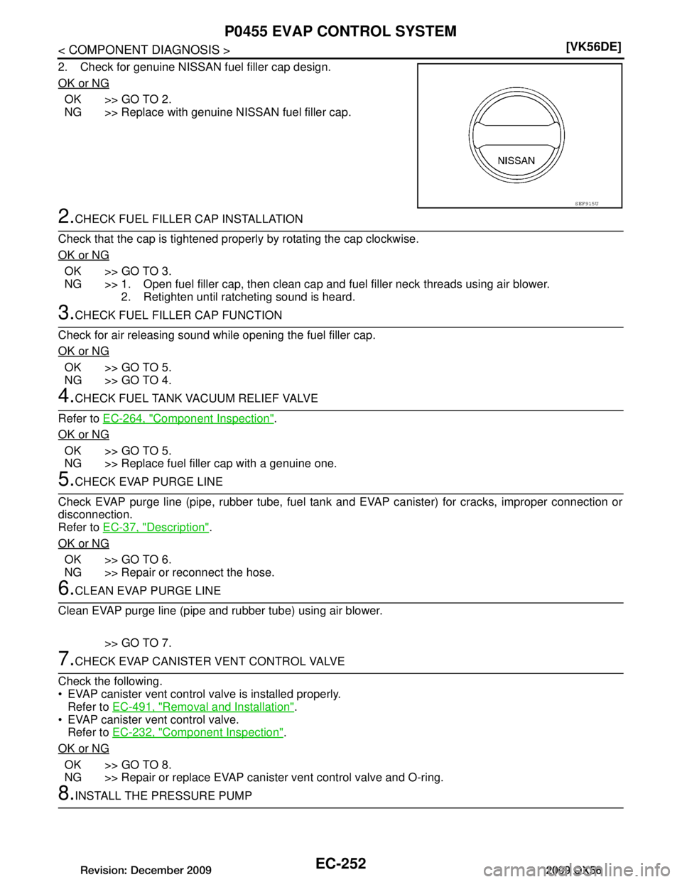 INFINITI QX56 2009  Factory Service Manual 
EC-252
< COMPONENT DIAGNOSIS >[VK56DE]
P0455 EVAP CONTROL SYSTEM
2. Check for genuine NISSAN fuel filler cap design.
OK or NG
OK >> GO TO 2.
NG >> Replace with genuine NISSAN fuel filler cap.
2.CHECK