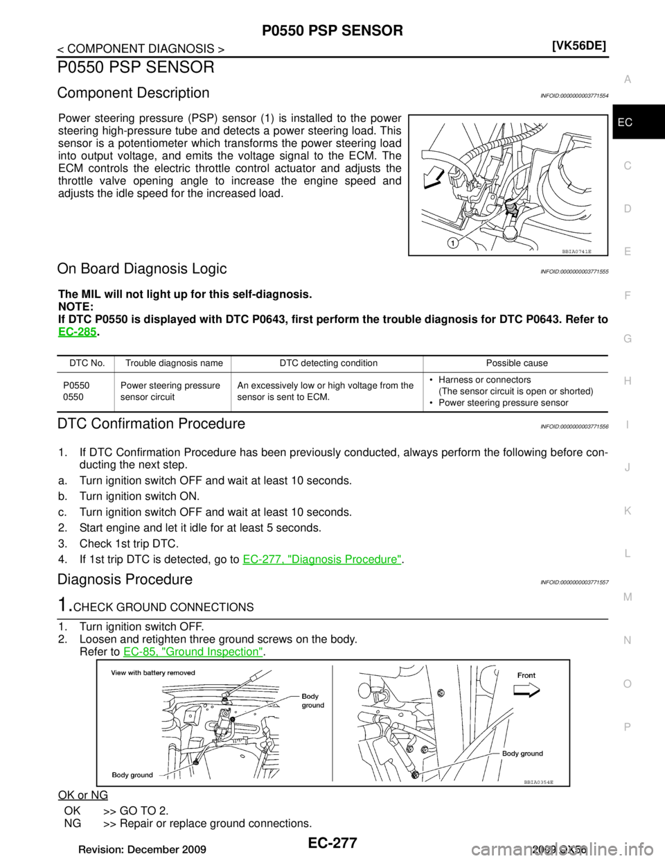 INFINITI QX56 2009  Factory Service Manual 
P0550 PSP SENSOREC-277
< COMPONENT DIAGNOSIS > [VK56DE]
C
D
E
F
G H
I
J
K L
M A
EC
NP
O
P0550 PSP SENSOR
Component DescriptionINFOID:0000000003771554
Power steering pressure (PSP) sensor (1) is insta