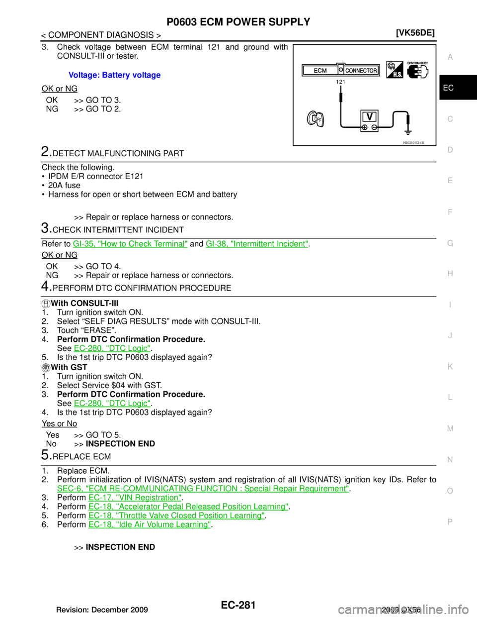 INFINITI QX56 2009  Factory Service Manual 
P0603 ECM POWER SUPPLYEC-281
< COMPONENT DIAGNOSIS > [VK56DE]
C
D
E
F
G H
I
J
K L
M A
EC
NP
O
3. Check voltage between ECM terminal 121 and ground with
CONSULT-III or tester.
OK or NG
OK >> GO TO 3.

