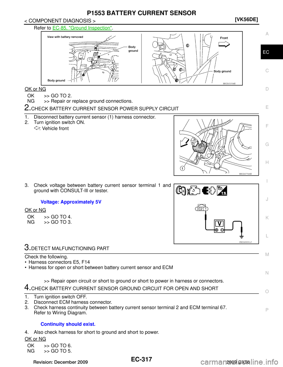 INFINITI QX56 2009  Factory Service Manual 
P1553 BATTERY CURRENT SENSOREC-317
< COMPONENT DIAGNOSIS > [VK56DE]
C
D
E
F
G H
I
J
K L
M A
EC
NP
O
Refer to 
EC-85, "Ground Inspection".
OK or NG
OK >> GO TO 2.
NG >> Repair or replace ground connec