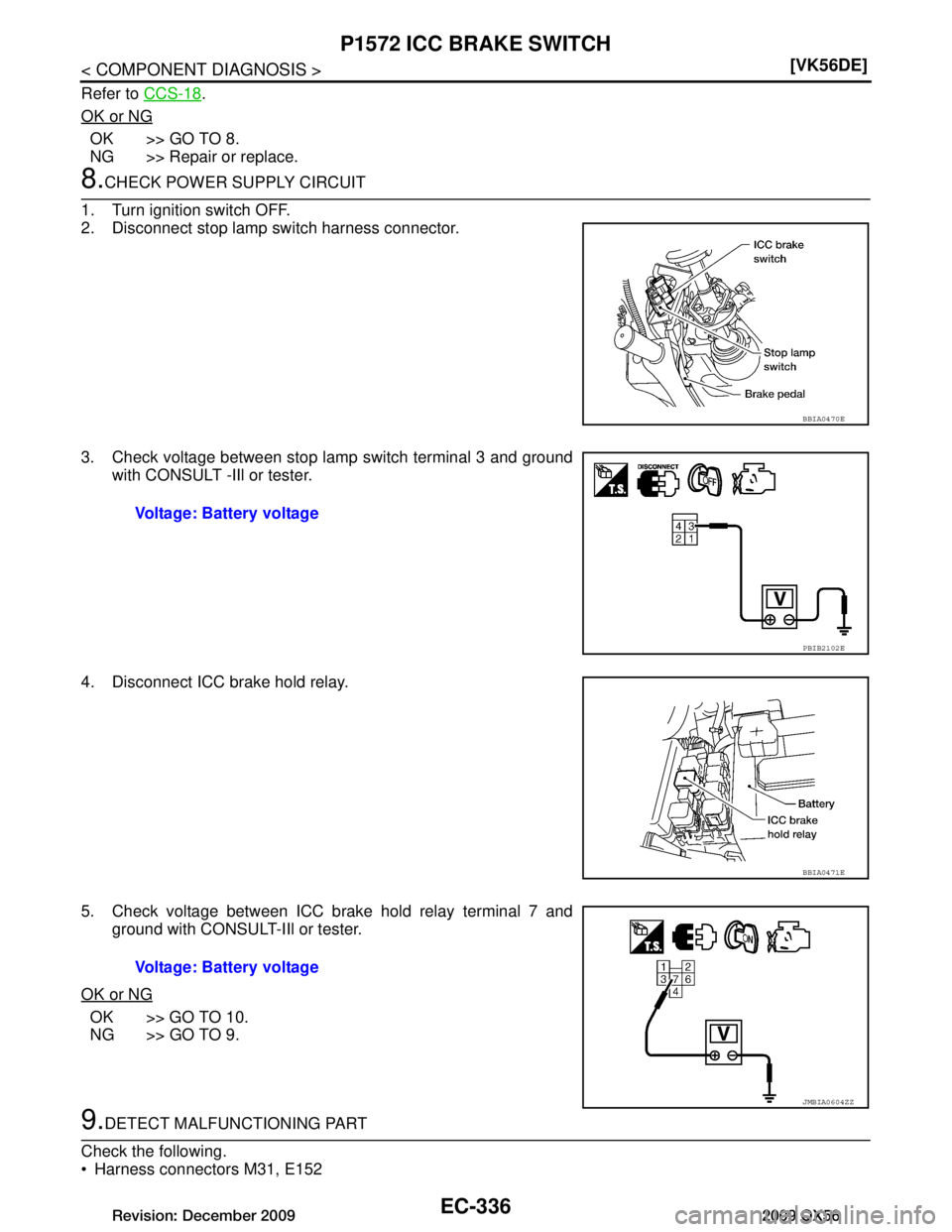 INFINITI QX56 2009  Factory Service Manual 
EC-336
< COMPONENT DIAGNOSIS >[VK56DE]
P1572 ICC BRAKE SWITCH
Refer to 
CCS-18.
OK or NG
OK >> GO TO 8.
NG >> Repair or replace.
8.CHECK POWER SUPPLY CIRCUIT
1. Turn ignition switch OFF.
2. Disconnec