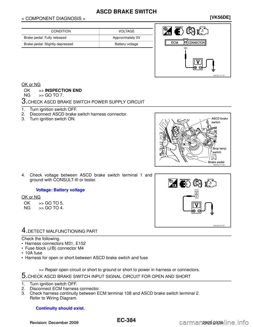 INFINITI QX56 2009  Factory Service Manual 
EC-384
< COMPONENT DIAGNOSIS >[VK56DE]
ASCD BRAKE SWITCH
OK or NG
OK >>
INSPECTION END
NG >> GO TO 7.
3.CHECK ASCD BRAKE SWITCH POWER SUPPLY CIRCUIT
1. Turn ignition switch OFF.
2. Disconnect ASCD br