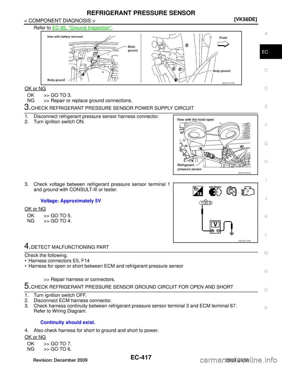 INFINITI QX56 2009  Factory Service Manual 
REFRIGERANT PRESSURE SENSOREC-417
< COMPONENT DIAGNOSIS > [VK56DE]
C
D
E
F
G H
I
J
K L
M A
EC
NP
O
Refer to 
EC-85, "Ground Inspection".
OK or NG
OK >> GO TO 3.
NG >> Repair or replace ground connect