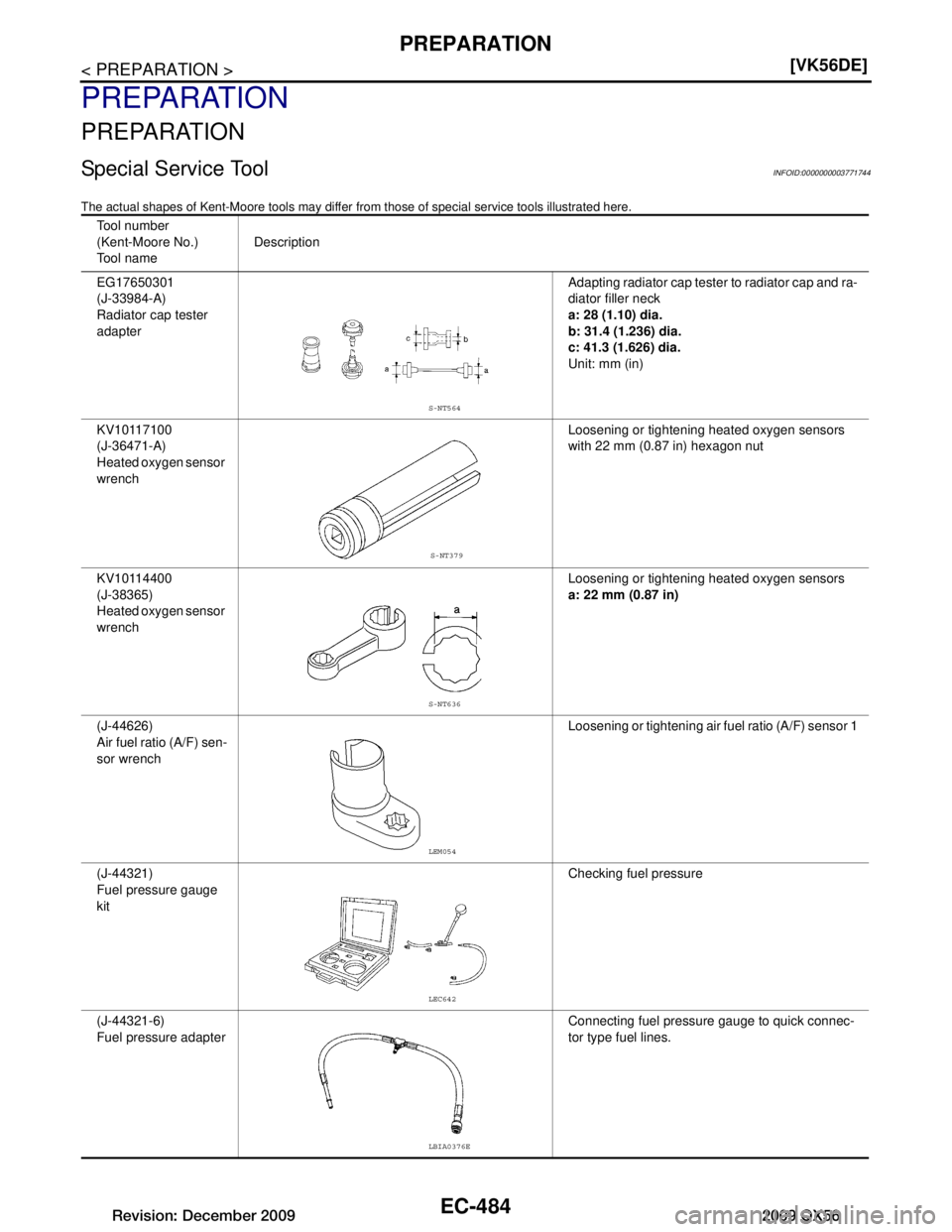 INFINITI QX56 2009  Factory Service Manual 
EC-484
< PREPARATION >[VK56DE]
PREPARATION
PREPARATION
PREPARATION
Special Service ToolINFOID:0000000003771744
The actual shapes of Kent-Moore tool
s may differ from those of special service tools il