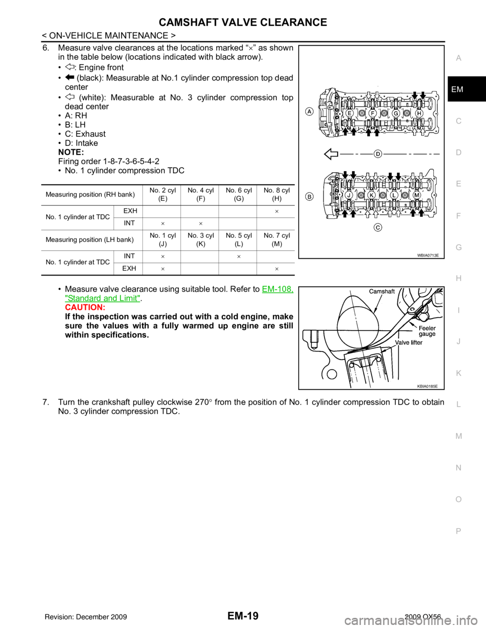 INFINITI QX56 2009  Factory Service Manual CAMSHAFT VALVE CLEARANCEEM-19
< ON-VEHICLE MAINTENANCE >
C
DE
F
G H
I
J
K L
M A
EM
NP
O
6. Measure valve clearances at the locations marked “×
” as shown
in the table below (locations indicated w