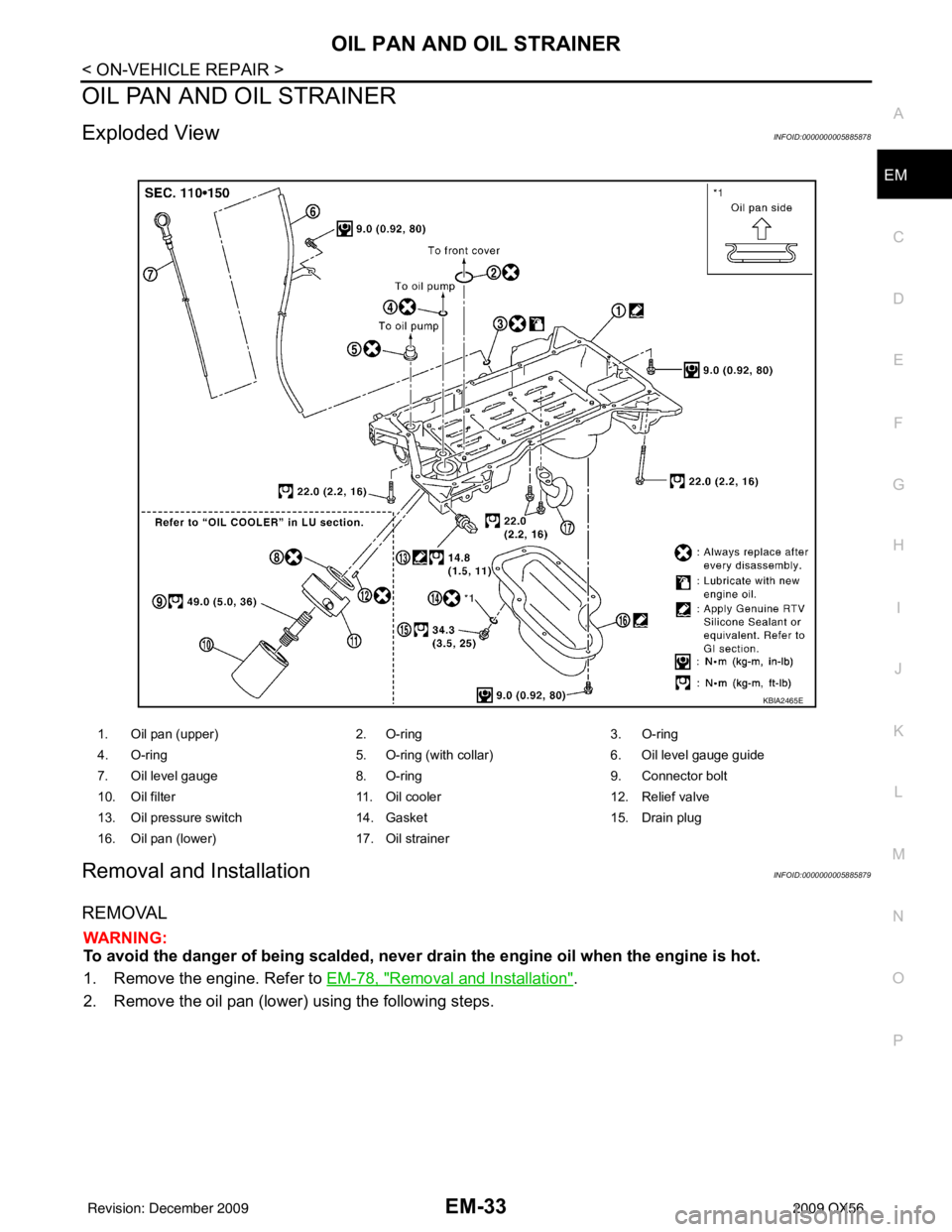 INFINITI QX56 2009  Factory Service Manual OIL PAN AND OIL STRAINEREM-33
< ON-VEHICLE REPAIR >
C
DE
F
G H
I
J
K L
M A
EM
NP
O
OIL PAN AND OIL STRAINER
Exploded ViewINFOID:0000000005885878
Removal and InstallationINFOID:0000000005885879
REMOVAL