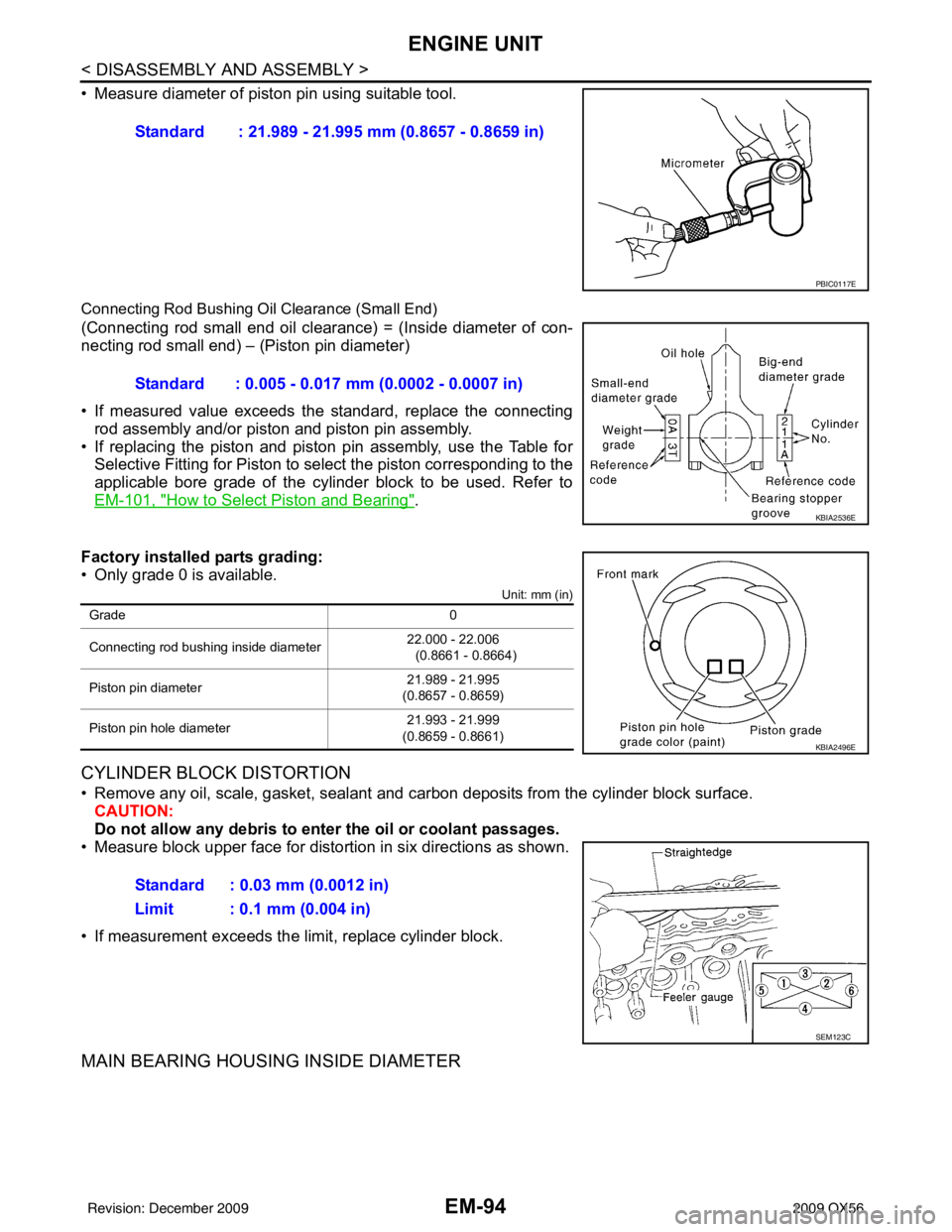 INFINITI QX56 2009  Factory Service Manual EM-94
< DISASSEMBLY AND ASSEMBLY >
ENGINE UNIT
• Measure diameter of piston pin using suitable tool.
Connecting Rod Bushing Oil Clearance (Small End)
(Connecting rod small end oil clearance) = (Insi