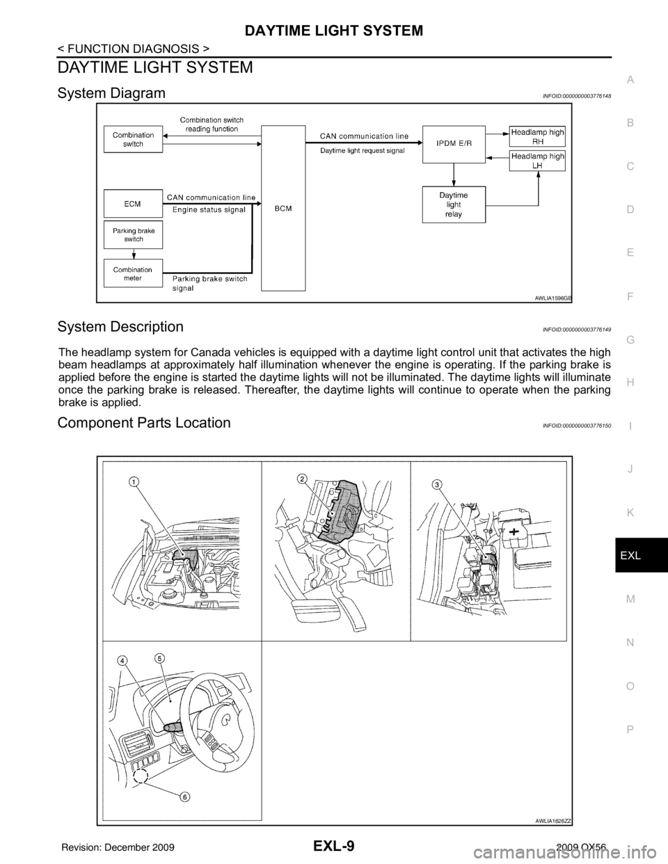 INFINITI QX56 2009  Factory Service Manual DAYTIME LIGHT SYSTEMEXL-9
< FUNCTION DIAGNOSIS >
C
DE
F
G H
I
J
K
M A
B
EXL
N
O P
DAYTIME LIGHT SYSTEM
System DiagramINFOID:0000000003776148
System DescriptionINFOID:0000000003776149
The headlamp syst