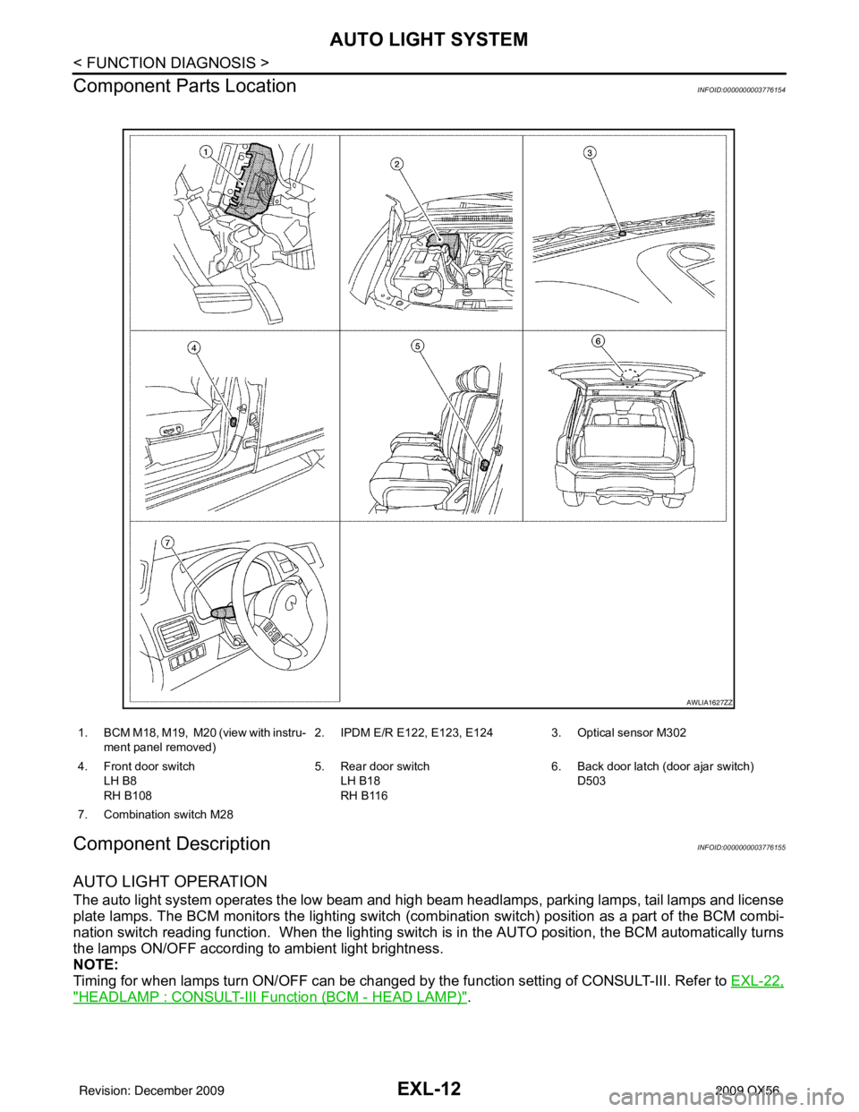 INFINITI QX56 2009 Factory Service Manual EXL-12
< FUNCTION DIAGNOSIS >
AUTO LIGHT SYSTEM
Component Parts Location
INFOID:0000000003776154
Component DescriptionINFOID:0000000003776155
AUTO LIGHT OPERATION
The auto light system operates t he l INFINITI QX56 2009 Factory Service Manual EXL-12
< FUNCTION DIAGNOSIS >
AUTO LIGHT SYSTEM
Component Parts Location
INFOID:0000000003776154
Component DescriptionINFOID:0000000003776155
AUTO LIGHT OPERATION
The auto light system operates t he l