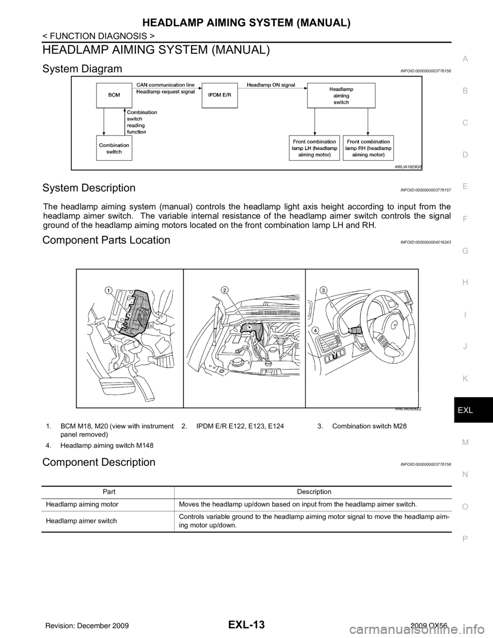 INFINITI QX56 2009 Factory Service Manual HEADLAMP AIMING SYSTEM (MANUAL)EXL-13
< FUNCTION DIAGNOSIS >
C
DE
F
G H
I
J
K
M A
B
EXL
N
O P
HEADLAMP AIMING SYSTEM (MANUAL)
System DiagramINFOID:0000000003776156
System DescriptionINFOID:00000000037 INFINITI QX56 2009 Factory Service Manual HEADLAMP AIMING SYSTEM (MANUAL)EXL-13
< FUNCTION DIAGNOSIS >
C
DE
F
G H
I
J
K
M A
B
EXL
N
O P
HEADLAMP AIMING SYSTEM (MANUAL)
System DiagramINFOID:0000000003776156
System DescriptionINFOID:00000000037