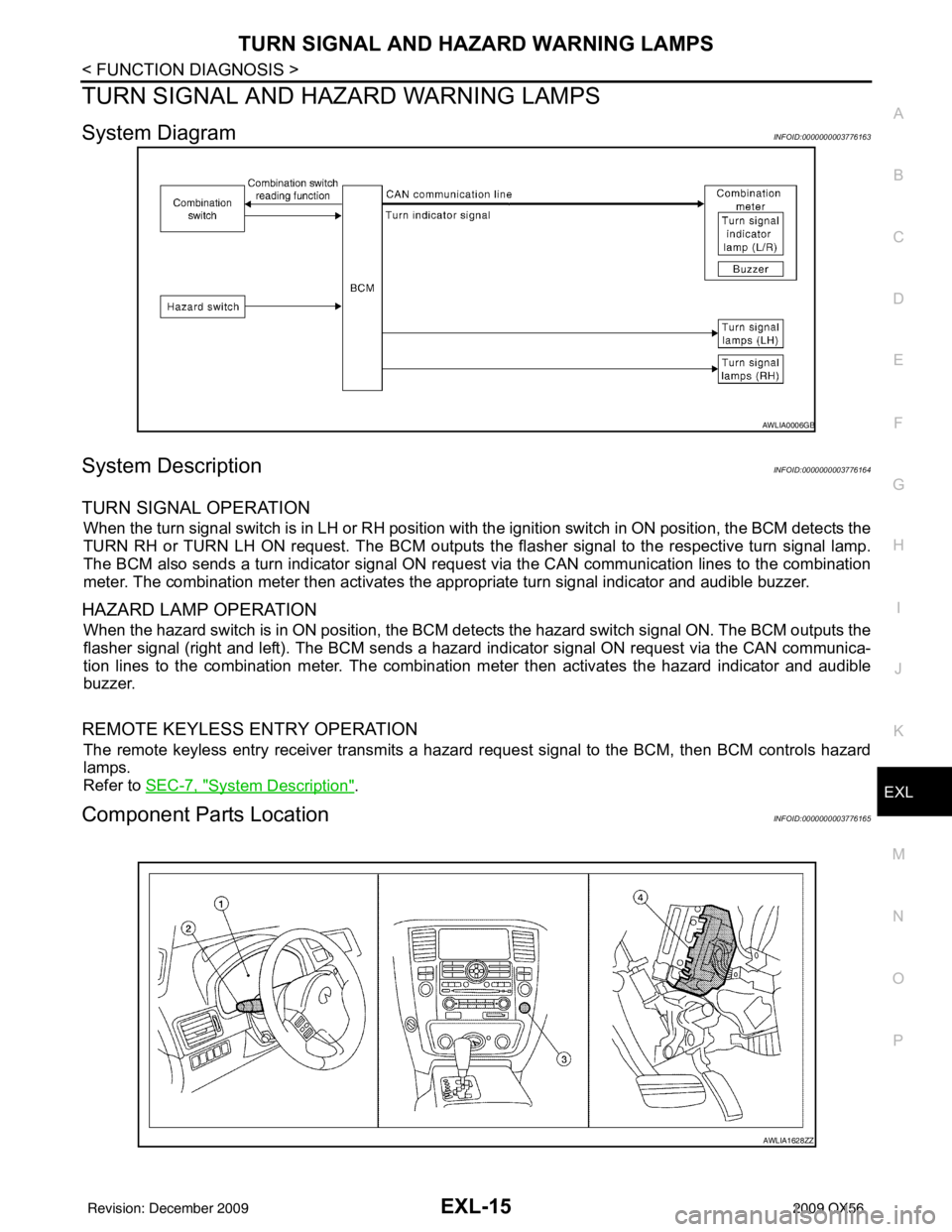 INFINITI QX56 2009  Factory Service Manual TURN SIGNAL AND HAZARD WARNING LAMPSEXL-15
< FUNCTION DIAGNOSIS >
C
DE
F
G H
I
J
K
M A
B
EXL
N
O P
TURN SIGNAL AND HA ZARD WARNING LAMPS
System DiagramINFOID:0000000003776163
System DescriptionINFOID: