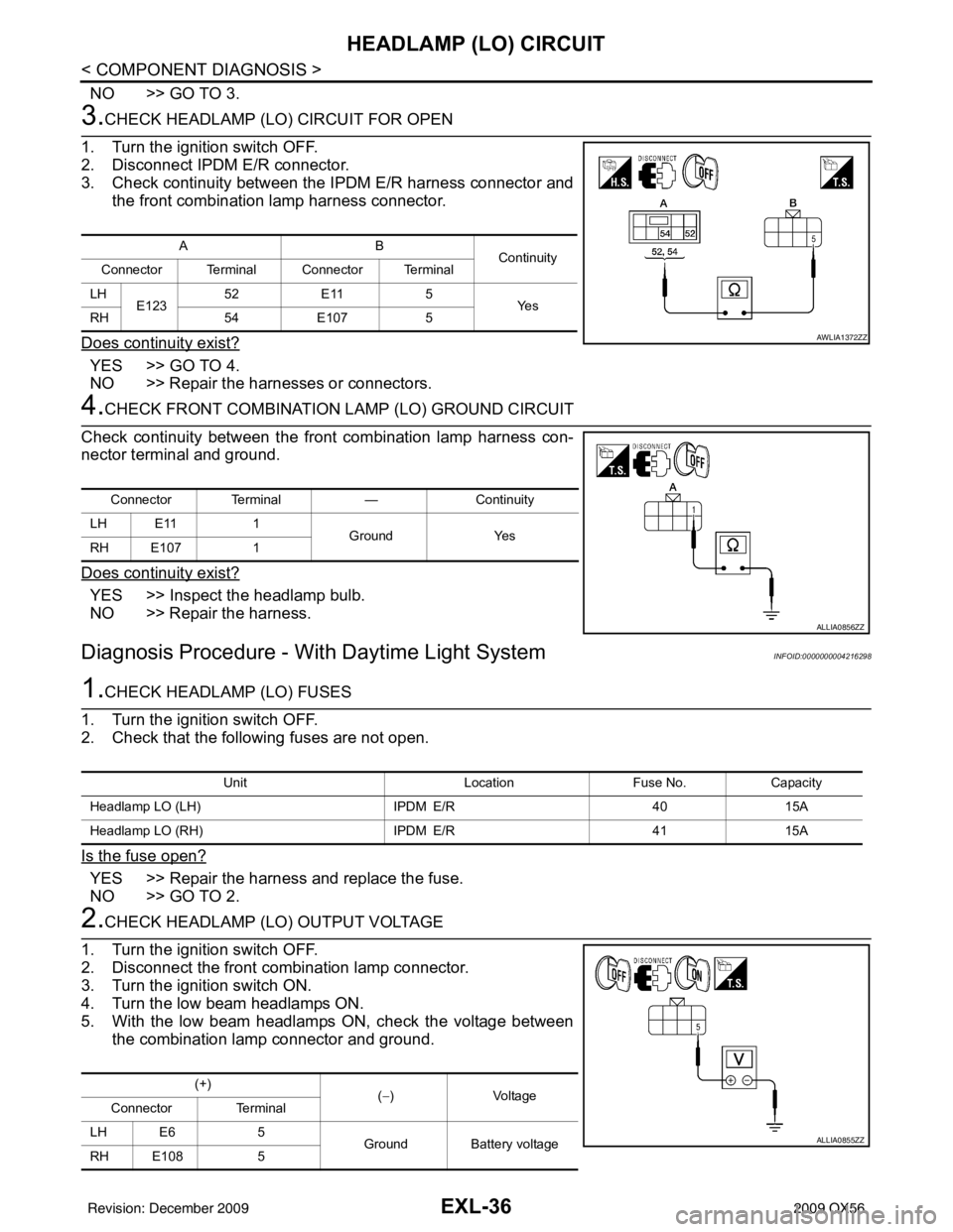 INFINITI QX56 2009  Factory Service Manual EXL-36
< COMPONENT DIAGNOSIS >
HEADLAMP (LO) CIRCUIT
NO >> GO TO 3.
3.CHECK HEADLAMP (LO) CIRCUIT FOR OPEN
1. Turn the ignition switch OFF.
2. Disconnect IPDM E/R connector.
3. Check continuity betwee