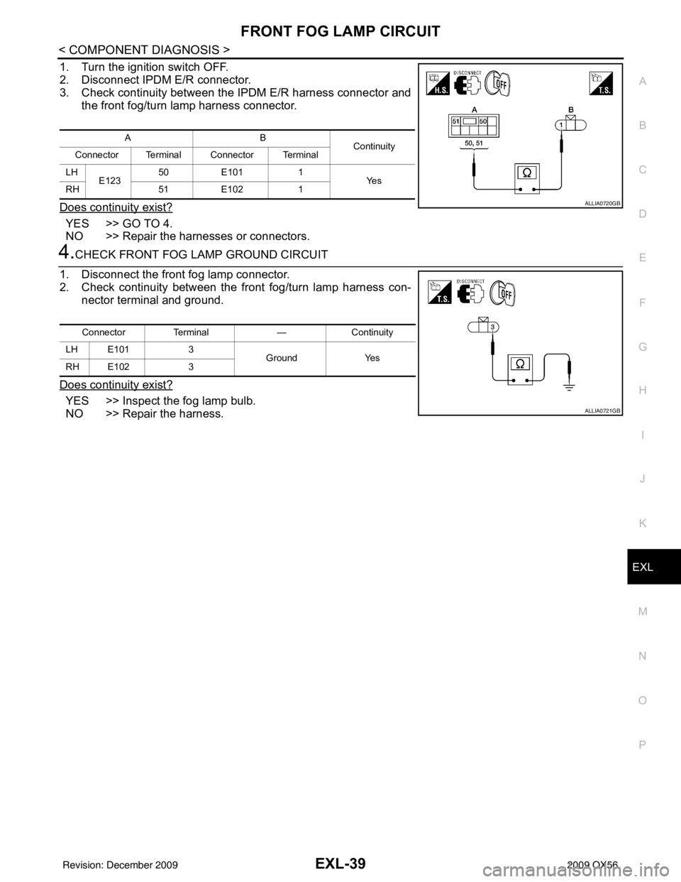 INFINITI QX56 2009  Factory Service Manual FRONT FOG LAMP CIRCUITEXL-39
< COMPONENT DIAGNOSIS >
C
DE
F
G H
I
J
K
M A
B
EXL
N
O P
1. Turn the ignition switch OFF.
2. Disconnect IPDM E/R connector.
3. Check continuity between the IPDM E/R harnes
