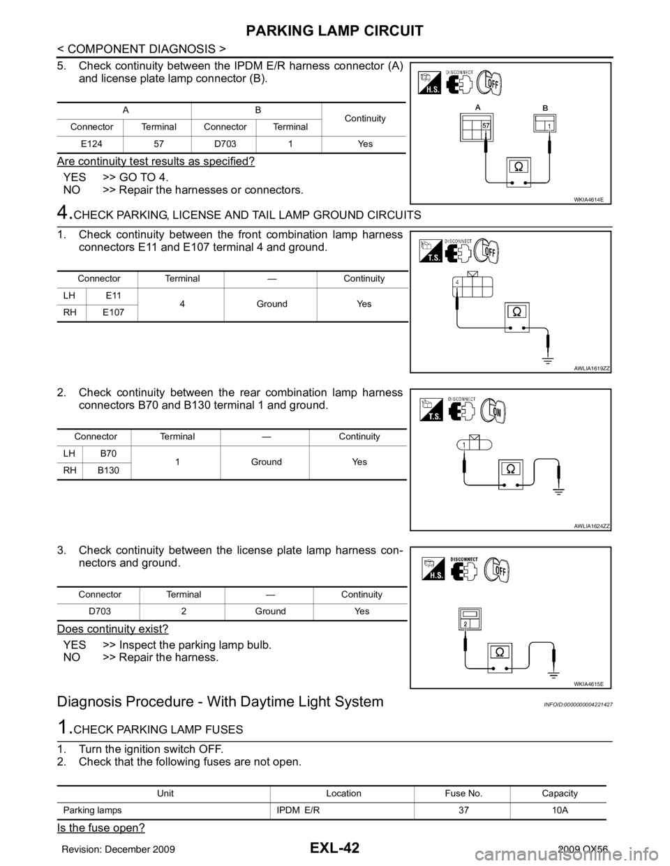 INFINITI QX56 2009  Factory Service Manual EXL-42
< COMPONENT DIAGNOSIS >
PARKING LAMP CIRCUIT
5. Check continuity between the IPDM E/R harness connector (A)and license plate lamp connector (B). 
Are continuity test results as specified?
YES >