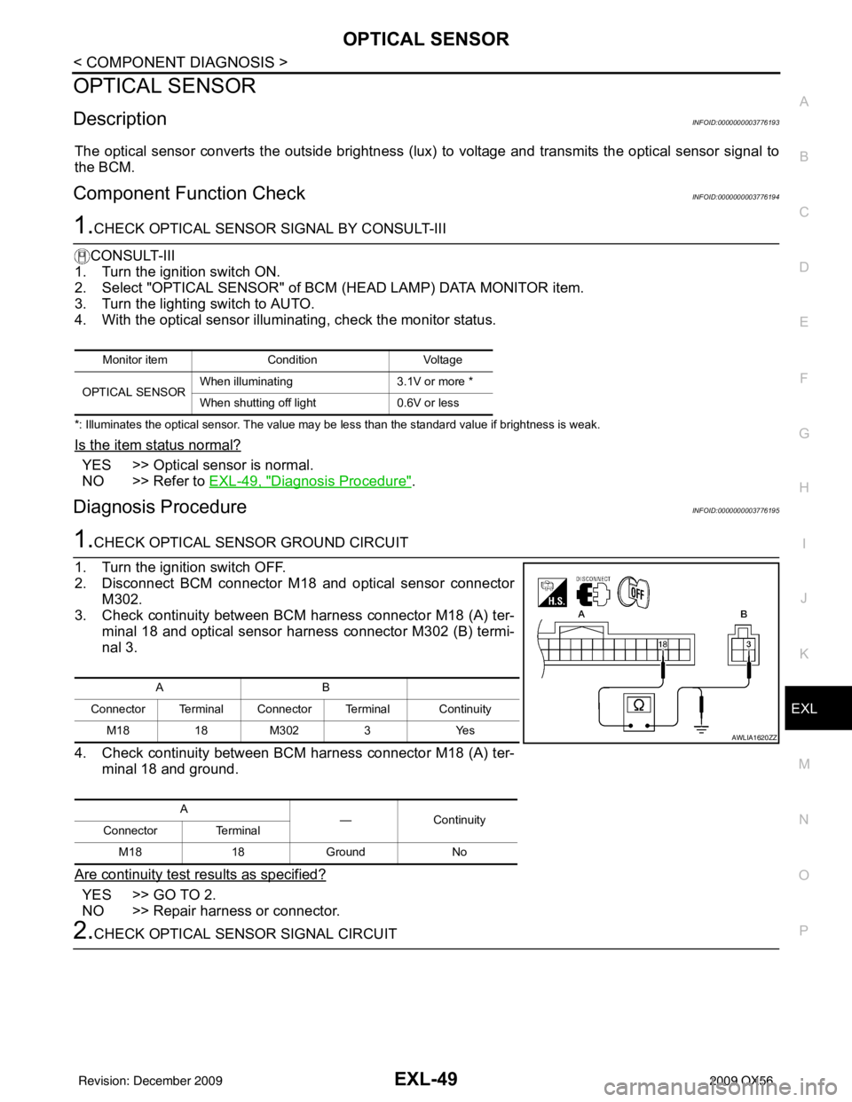 INFINITI QX56 2009  Factory Service Manual OPTICAL SENSOREXL-49
< COMPONENT DIAGNOSIS >
C
DE
F
G H
I
J
K
M A
B
EXL
N
O P
OPTICAL SENSOR
DescriptionINFOID:0000000003776193
The optical sensor converts the outside brightness (lux) to voltage and 