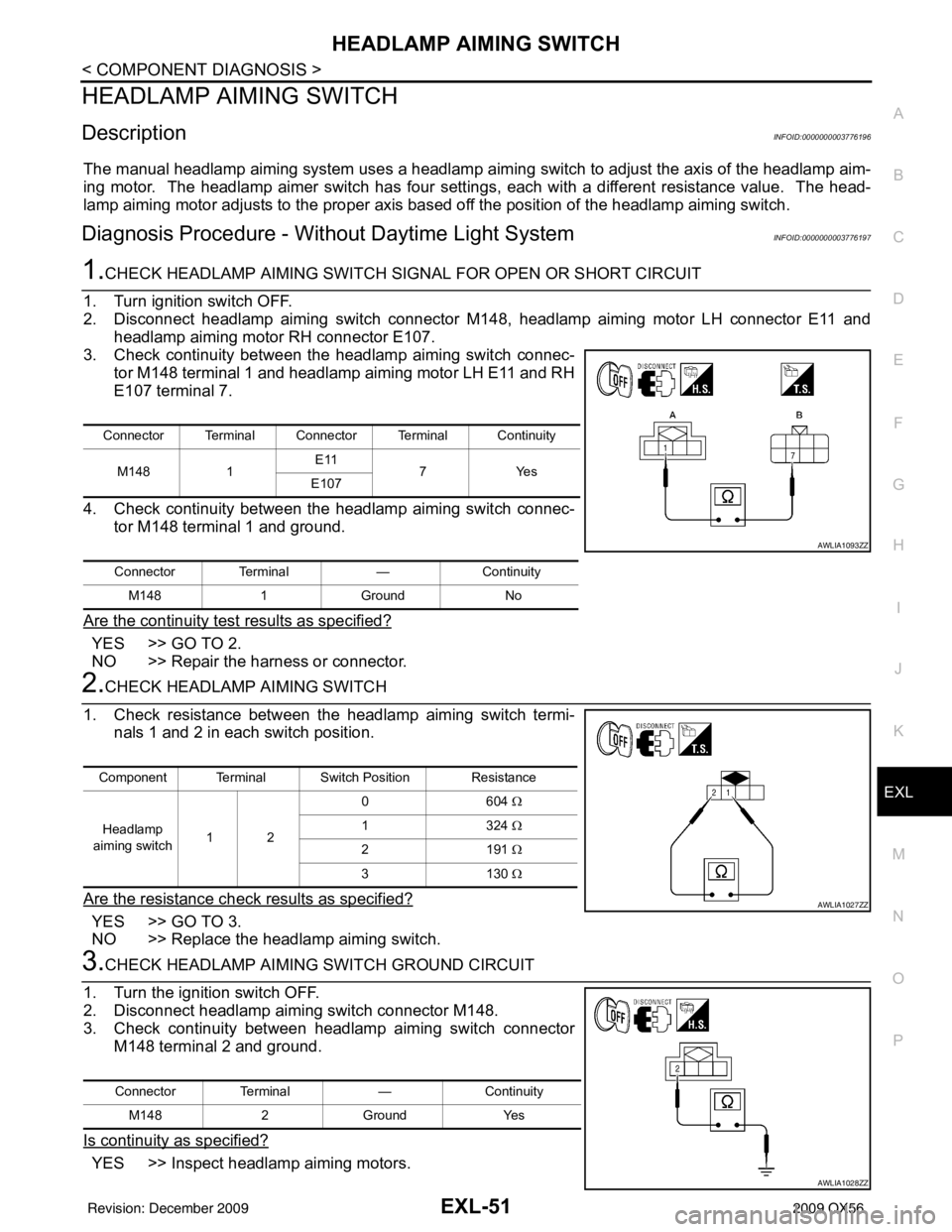 INFINITI QX56 2009  Factory Service Manual HEADLAMP AIMING SWITCHEXL-51
< COMPONENT DIAGNOSIS >
C
DE
F
G H
I
J
K
M A
B
EXL
N
O P
HEADLAMP AIMING SWITCH
DescriptionINFOID:0000000003776196
The manual headlamp aiming system uses a headlamp aiming