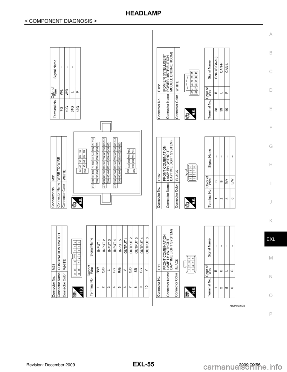 INFINITI QX56 2009  Factory Service Manual HEADLAMPEXL-55
< COMPONENT DIAGNOSIS >
C
DE
F
G H
I
J
K
M A
B
EXL
N
O P
ABLIA0076GB
Revision: December 20092009 QX56 
