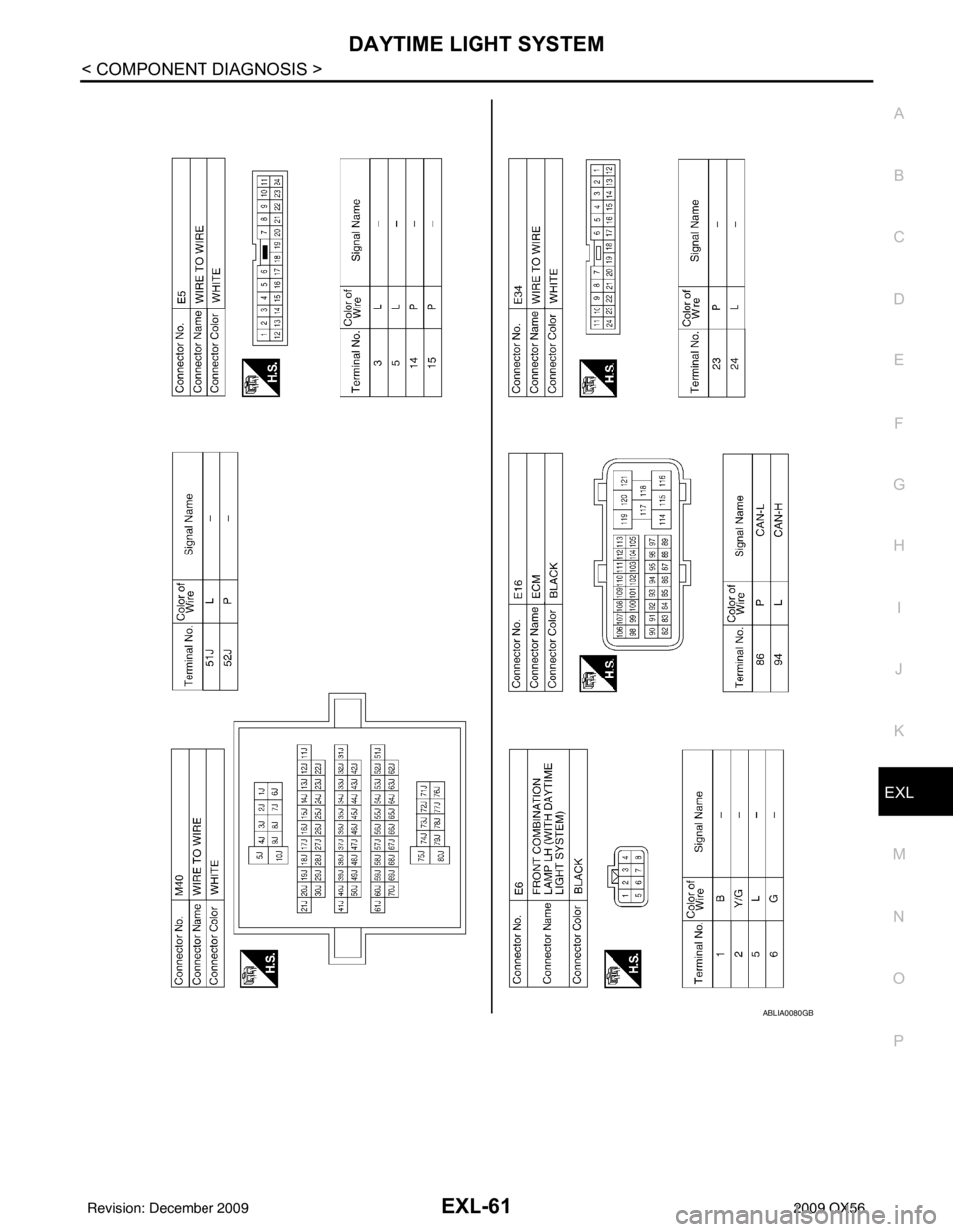 INFINITI QX56 2009  Factory Service Manual DAYTIME LIGHT SYSTEMEXL-61
< COMPONENT DIAGNOSIS >
C
DE
F
G H
I
J
K
M A
B
EXL
N
O P
ABLIA0080GB
Revision: December 20092009 QX56 