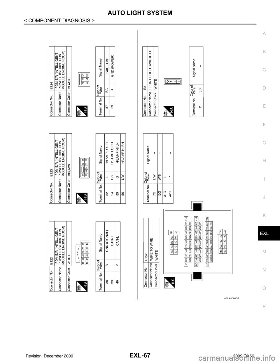 INFINITI QX56 2009  Factory Service Manual AUTO LIGHT SYSTEMEXL-67
< COMPONENT DIAGNOSIS >
C
DE
F
G H
I
J
K
M A
B
EXL
N
O P
ABLIA0086GB
Revision: December 20092009 QX56 