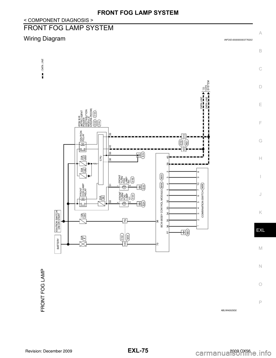 INFINITI QX56 2009  Factory Service Manual FRONT FOG LAMP SYSTEMEXL-75
< COMPONENT DIAGNOSIS >
C
DE
F
G H
I
J
K
M A
B
EXL
N
O P
FRONT FOG LAMP SYSTEM
Wiring DiagramINFOID:0000000003776202
ABLWA0025GB
Revision: December 20092009 QX56 