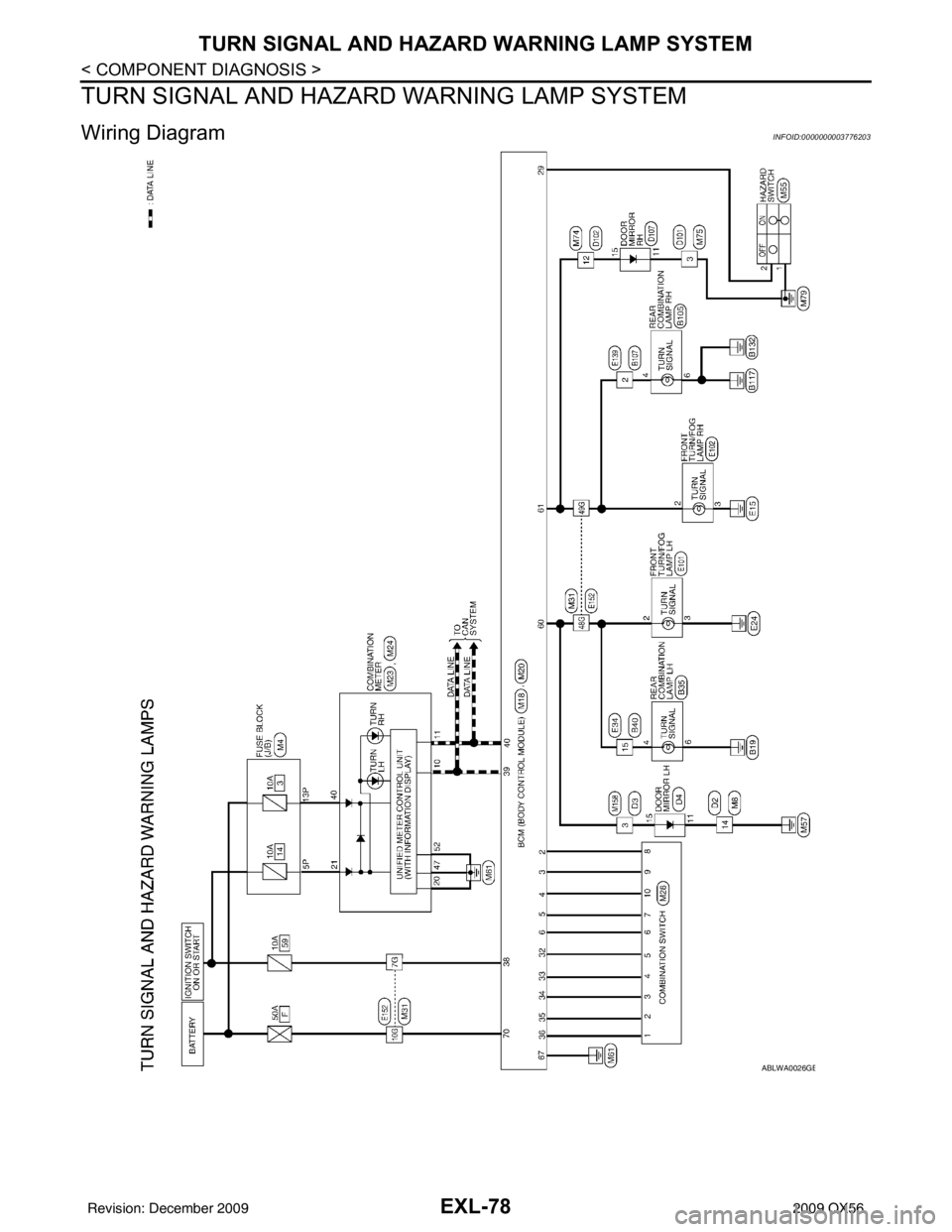 INFINITI QX56 2009  Factory Service Manual EXL-78
< COMPONENT DIAGNOSIS >
TURN SIGNAL AND HAZARD WARNING LAMP SYSTEM
TURN SIGNAL AND HAZARD WARNING LAMP SYSTEM
Wiring DiagramINFOID:0000000003776203
ABLWA0026GB
Revision: December 20092009 QX56 