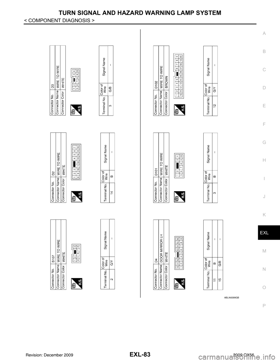INFINITI QX56 2009  Factory Service Manual TURN SIGNAL AND HAZARD WARNING LAMP SYSTEMEXL-83
< COMPONENT DIAGNOSIS >
C
DE
F
G H
I
J
K
M A
B
EXL
N
O P
ABLIA0099GB
Revision: December 20092009 QX56 