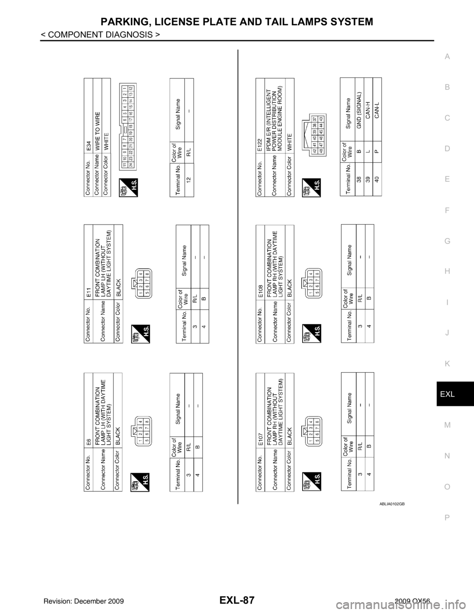 INFINITI QX56 2009  Factory Service Manual PARKING, LICENSE PLATE AND TAIL LAMPS SYSTEMEXL-87
< COMPONENT DIAGNOSIS >
C
DE
F
G H
I
J
K
M A
B
EXL
N
O P
ABLIA0102GB
Revision: December 20092009 QX56 