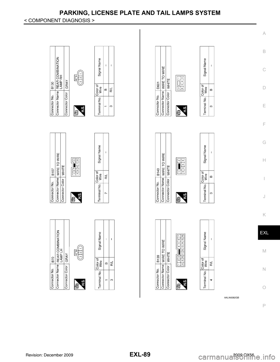 INFINITI QX56 2009  Factory Service Manual PARKING, LICENSE PLATE AND TAIL LAMPS SYSTEMEXL-89
< COMPONENT DIAGNOSIS >
C
DE
F
G H
I
J
K
M A
B
EXL
N
O P
AALIA0082GB
Revision: December 20092009 QX56 