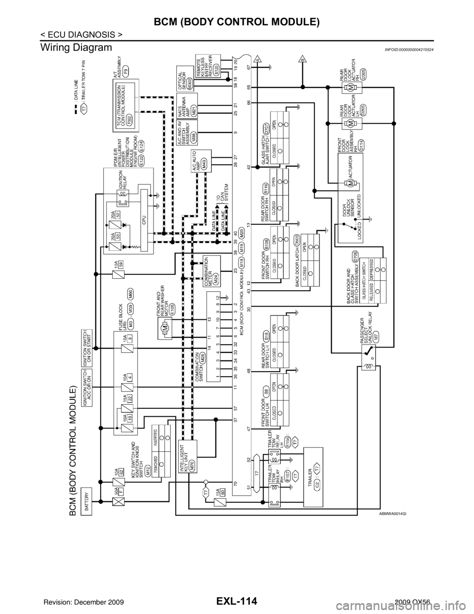 INFINITI QX56 2009  Factory Service Manual EXL-114
< ECU DIAGNOSIS >
BCM (BODY CONTROL MODULE)
Wiring Diagram
INFOID:0000000004215524
ABMWA0014GB
Revision: December 20092009 QX56 