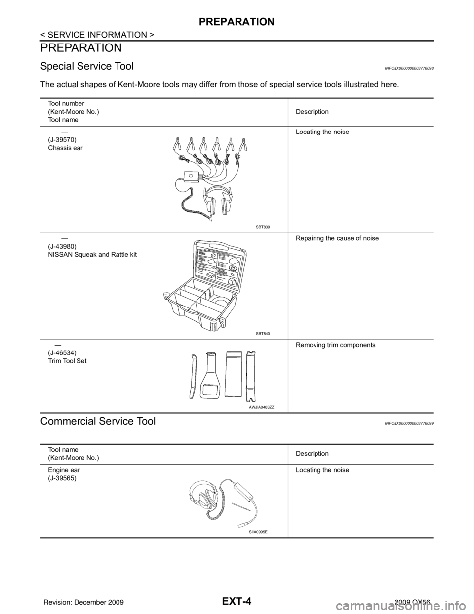 INFINITI QX56 2009  Factory Service Manual EXT-4
< SERVICE INFORMATION >
PREPARATION
PREPARATION
Special Service ToolINFOID:0000000003776098
The actual shapes of Kent-Moore tools may differ from those of  special service tools illustrated here