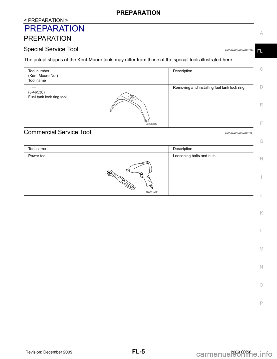 INFINITI QX56 2009  Factory Service Manual PREPARATIONFL-5
< PREPARATION >
C
DE
F
G H
I
J
K L
M A
FL
NP
O
PREPARATION
PREPARATION
Special Service ToolINFOID:0000000003771770
The actual shapes of the Kent-Moore 
tools may differ from those of t