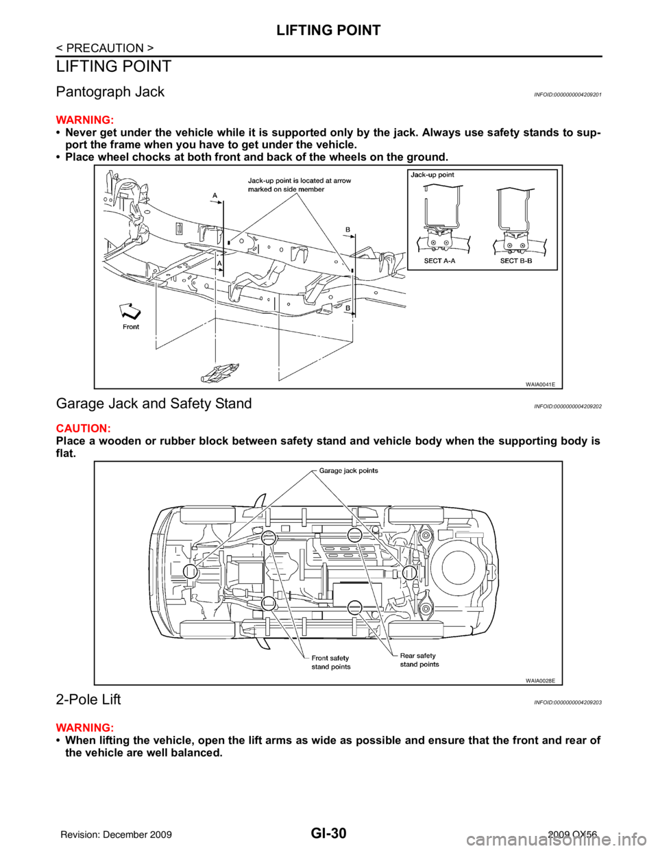 INFINITI QX56 2009  Factory Service Manual GI-30
< PRECAUTION >
LIFTING POINT
LIFTING POINT
Pantograph JackINFOID:0000000004209201
WARNING:
• Never get under the vehicle while it is supported only by the jack. Always use safety stands to sup