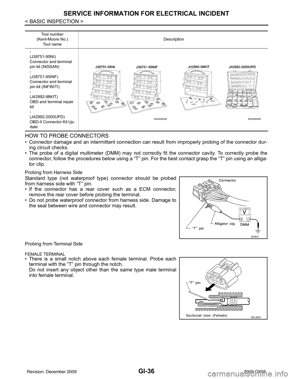 INFINITI QX56 2009  Factory Service Manual GI-36
< BASIC INSPECTION >
SERVICE INFORMATION FOR ELECTRICAL INCIDENT
HOW TO PROBE CONNECTORS
• Connector damage and an intermittent connection can result from improperly probing of the connector d