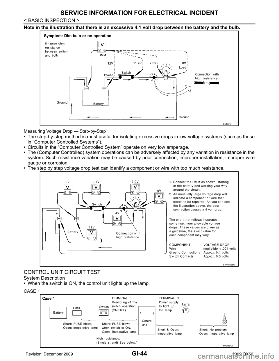 INFINITI QX56 2009  Factory Service Manual GI-44
< BASIC INSPECTION >
SERVICE INFORMATION FOR ELECTRICAL INCIDENT
Note in the illustration that there is an excessive 4.1 volt drop  between the battery and the bulb.
Measuring Voltage Drop — S