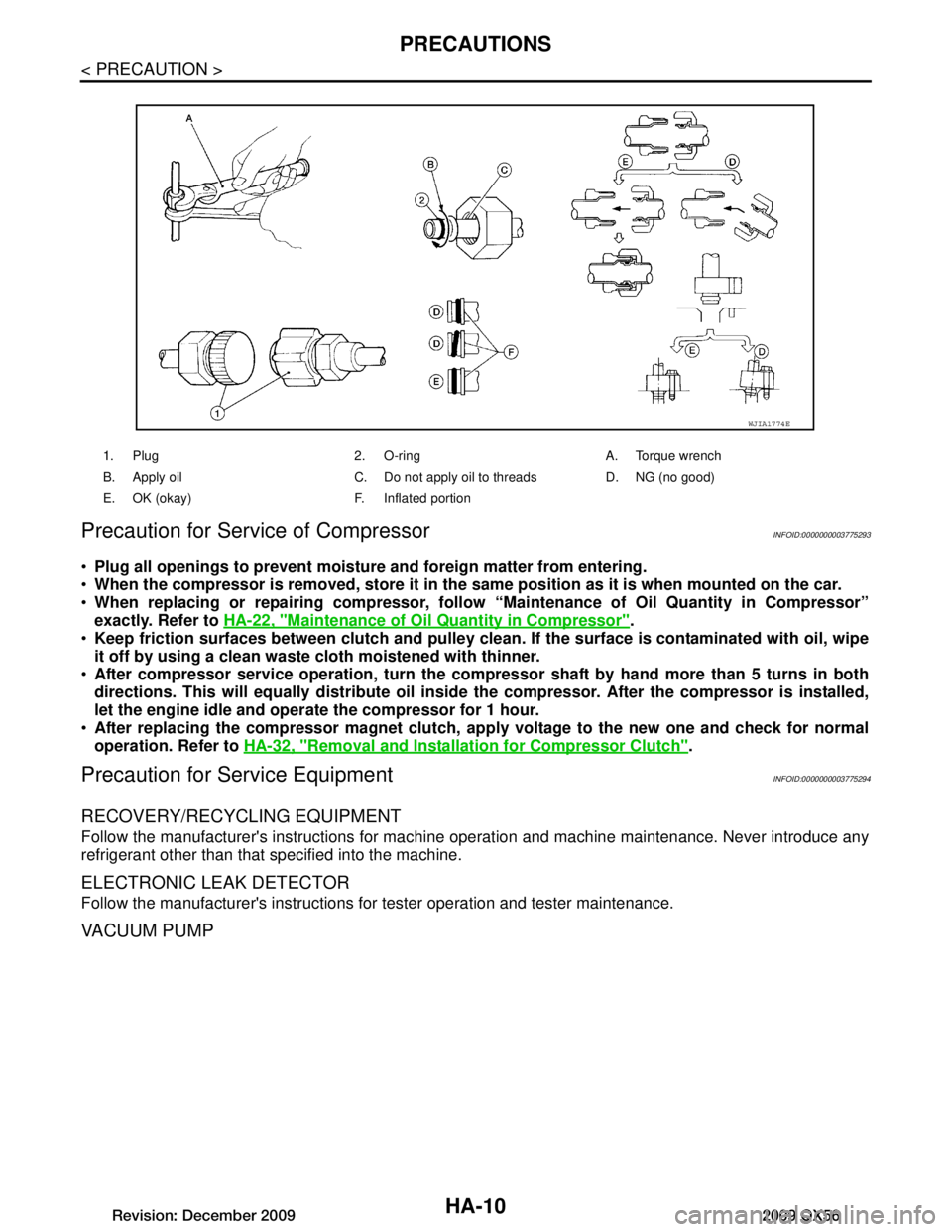 INFINITI QX56 2009  Factory Service Manual 
HA-10
< PRECAUTION >
PRECAUTIONS
Precaution for Service of Compressor
INFOID:0000000003775293
 Plug all openings  to prevent moisture and foreign matter from entering.
 When the compressor is remov