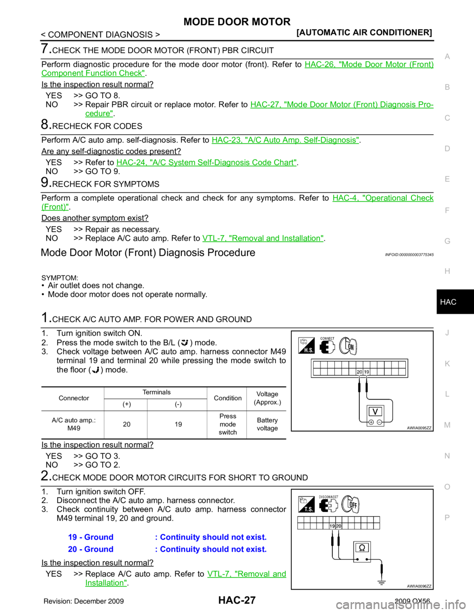 INFINITI QX56 2009  Factory Service Manual MODE DOOR MOTORHAC-27
< COMPONENT DIAGNOSIS > [AUTOMATIC AIR CONDITIONER]
C
D
E
F
G H
J
K L
M A
B
HAC
N
O P
7.CHECK THE MODE DOOR MOTOR (FRONT) PBR CIRCUIT 
Perform diagnostic procedure for the mode d